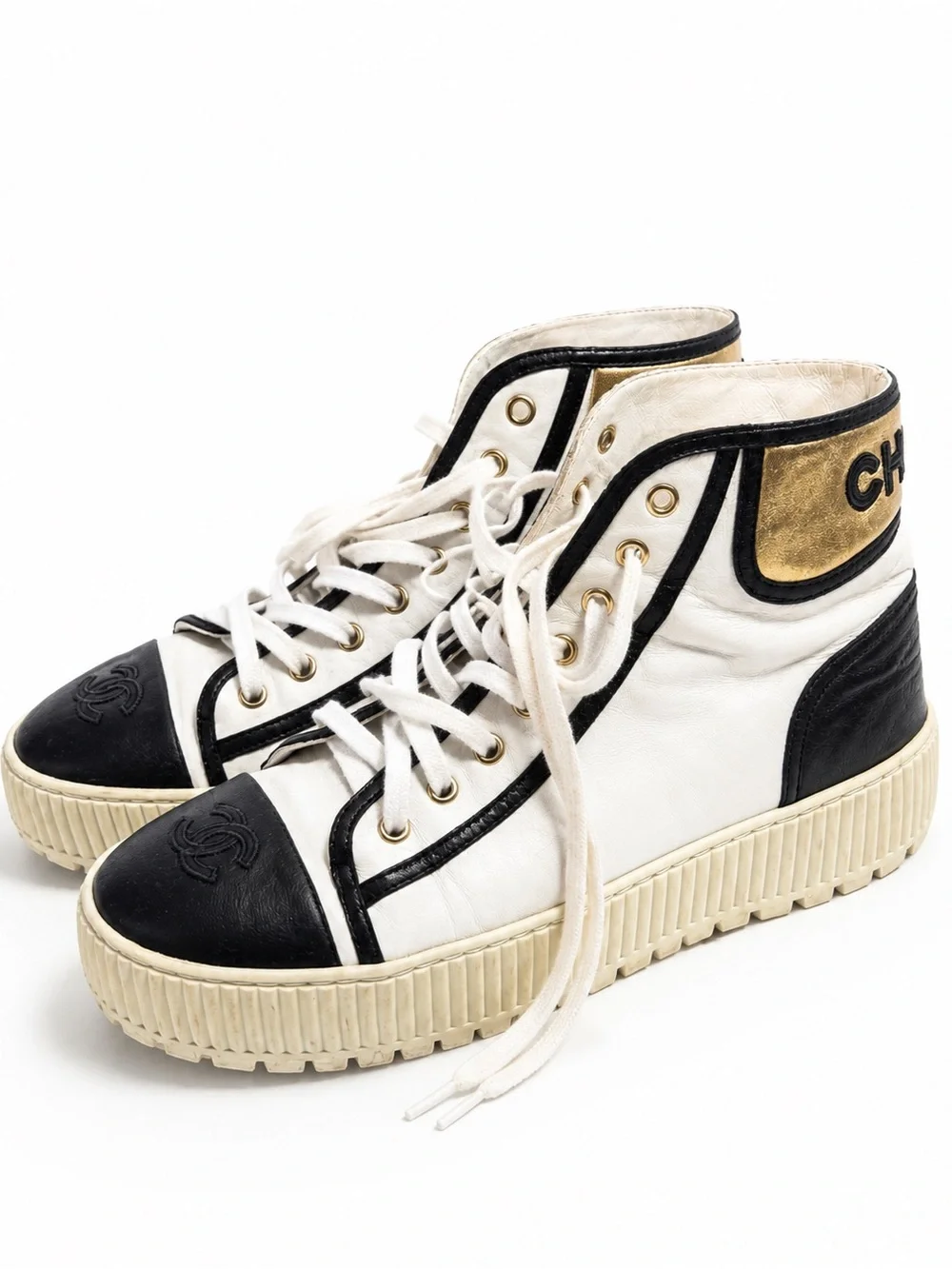 CHANEL White Black Gold High-Top Sneakers with Embossed Toe